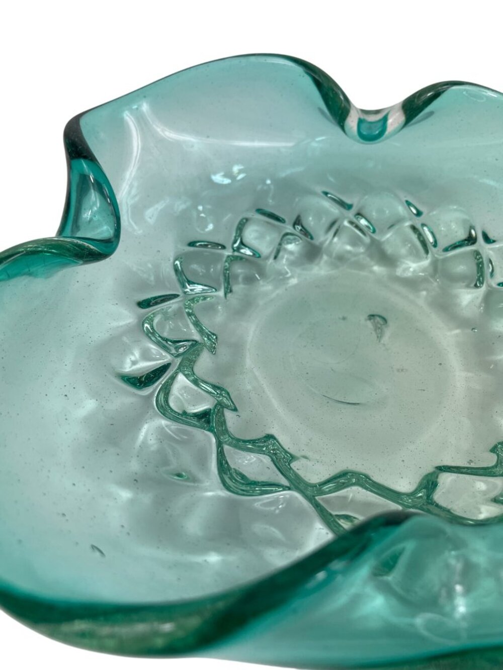 Vintage Hand Blown Turquoise Glass Bowl w/ Ruffled Edge & Textured Floral Design - Picture 5 of 10